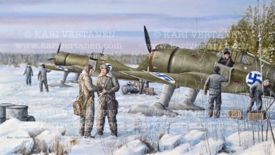 Fokker D21 valmistautumassa lennolle Talvisodassa